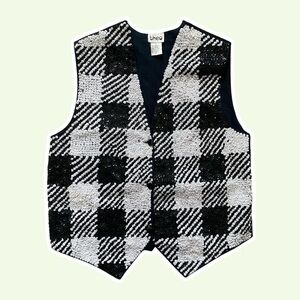 VTG ~ 1990s ~ theo ~ Black and White Gingham Sequin Vest ~ Party ~ Size S
